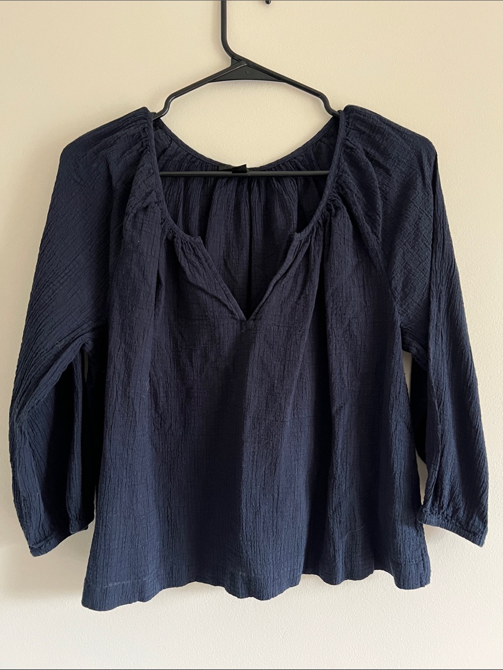J. Crew Navy Textured Peasant Top